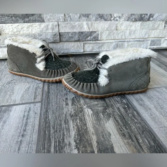 Sorel Out N About Moc Olive Green Suede & Fabric Shearling Lined Moccasin Sz 7 - Picture 5 of 13